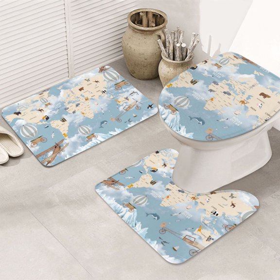 Bathroom Rugs Sets 3 Piece - Animals Travel World Map Absorbent Non Slip Bath Mats, U-Shape Toilet Lid Cover, Contour Mat, Soft Washable Shower Mats Bath Rug Mat for Bathroom Tub Toilet
