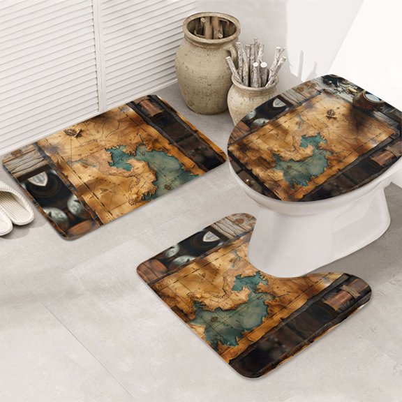 Bathroom Rugs Sets 3 Piece - Antique Map Adventure Scene Absorbent Non Slip Bath Mats, U-Shape Toilet Lid Cover, Contour Mat, Soft Washable Shower Mats Bath Rug Mat for Bathroom Tub Toilet