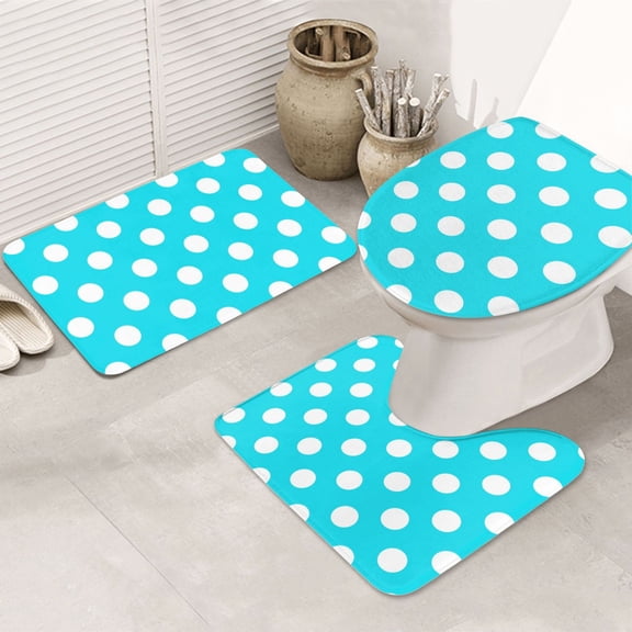Bathroom Rugs Sets 3 Piece - Aqua And White Polka Dot Absorbent Non Slip Bath Mats, U-Shape Toilet Lid Cover, Contour Mat, Soft Washable Shower Mats Bath Rug Mat for Bathroom Tub Toilet