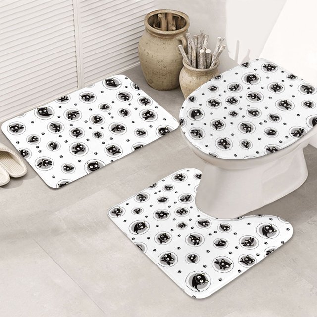 Bathroom Rugs Sets 3 Piece Artistic Black Cartoon Cat Non Slip