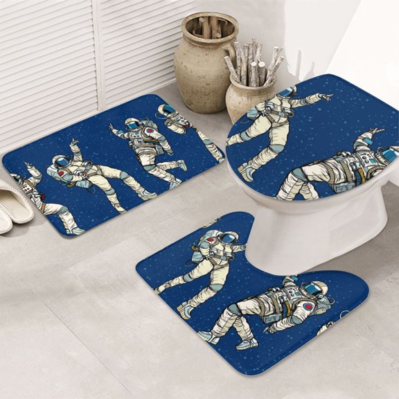 Bathroom Rugs Sets 3 Piece - Astronaut Dancing Absorbent Non Slip Bath Mats, U-Shape Toilet Lid Cover, Contour Mat, Soft Washable Shower Mats Bath Rug Mat for Bathroom Tub Toilet