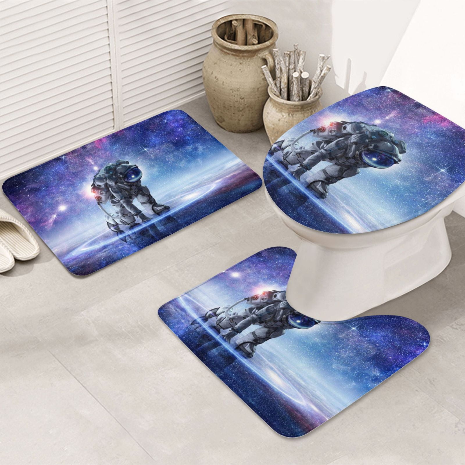 Bathroom Rugs Sets 3 Piece, Astronauts Start Running Cute Bath Mats for