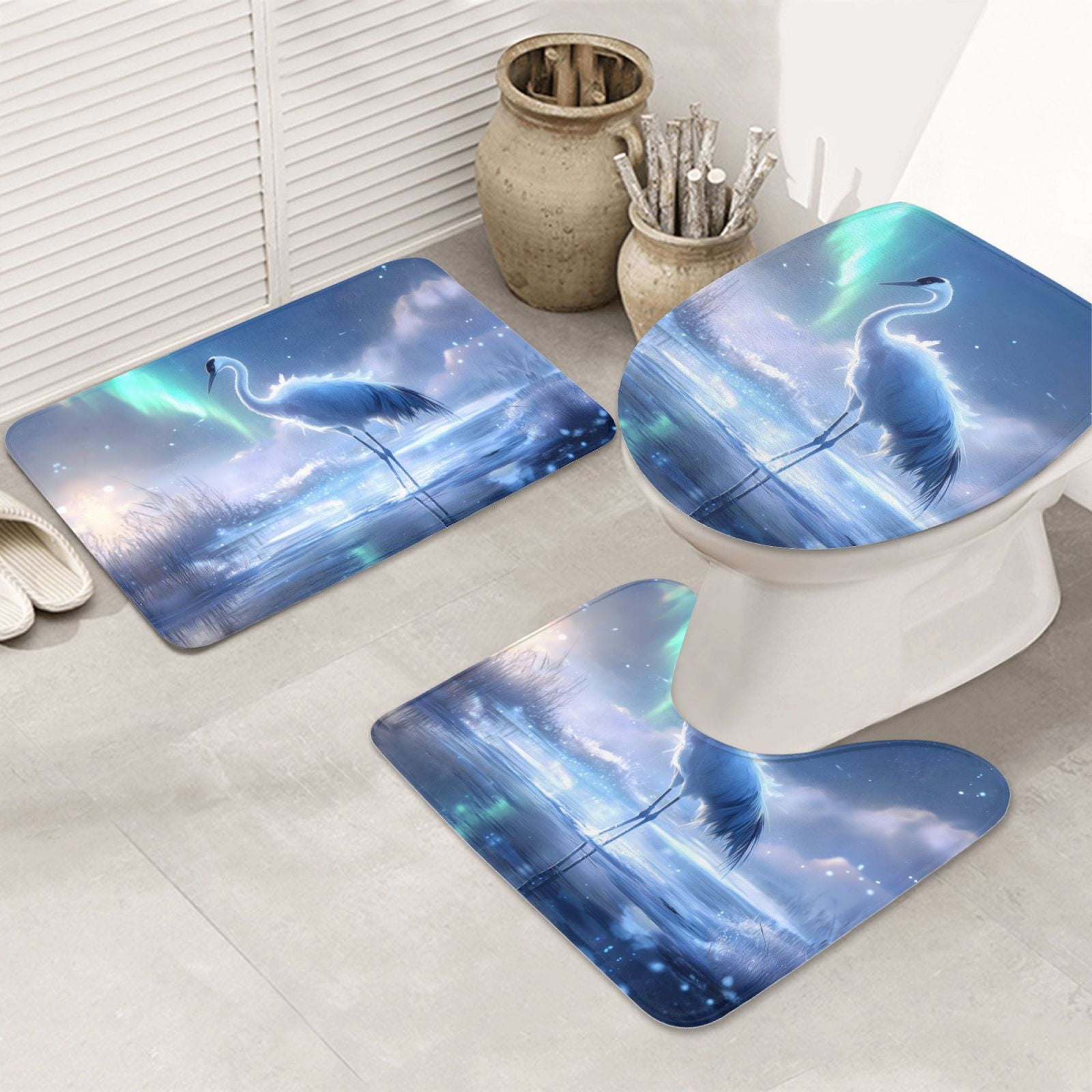 Bathroom Rugs Sets 3 Piece Aurora Winter Crane Serenity Non Slip Washable Bath Mats, UShape