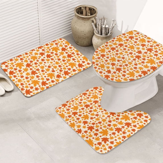 Bathroom Rugs Sets 3 Piece - Autumn Red and Orange Maple Leaves Absorbent Non Slip Bath Mats, U-Shape Toilet Lid Cover, Contour Mat, Soft Washable Shower Mats Bath Rug Mat for Bathroom Tub Toilet