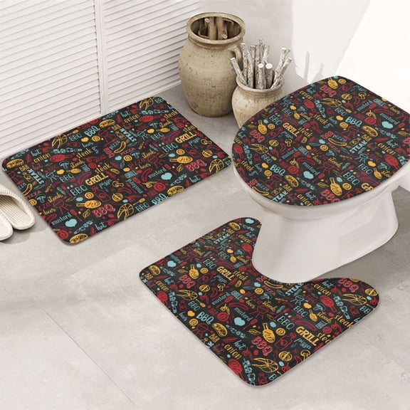 Bathroom Rugs Sets 3 Piece - BBQ Barbecue Grill Absorbent Non Slip Bath Mats, U-Shape Toilet Lid Cover, Contour Mat, Soft Washable Shower Mats Bath Rug Mat for Bathroom Tub Toilet