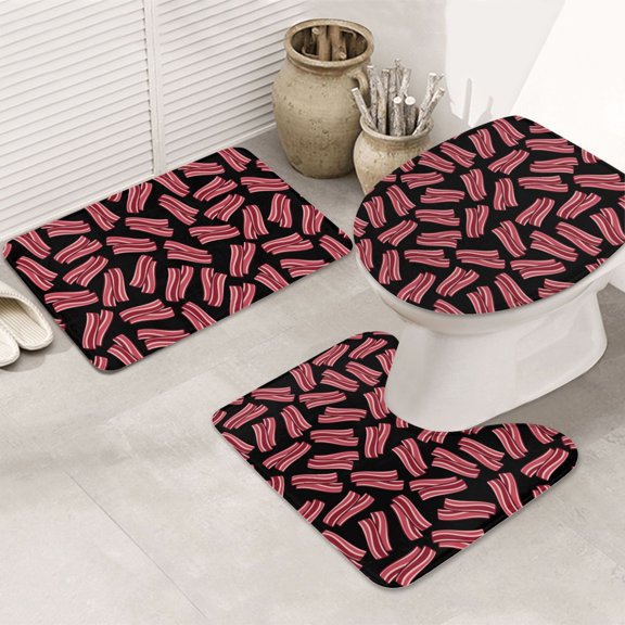 Bathroom Rugs Sets 3 Piece - Bacon Print Black Absorbent Non Slip Bath Mats, U-Shape Toilet Lid Cover, Contour Mat, Soft Washable Shower Mats Bath Rug Mat for Bathroom Tub Toilet