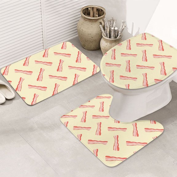 Bathroom Rugs Sets 3 Piece - Bacon Print No.9032 Absorbent Non Slip Bath Mats, U-Shape Toilet Lid Cover, Contour Mat, Soft Washable Shower Mats Bath Rug Mat for Bathroom Tub Toilet