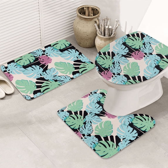 Bathroom Rugs Sets 3 Piece - Banana leaves_C Absorbent Non Slip Bath Mats, U-Shape Toilet Lid Cover, Contour Mat, Soft Washable Shower Mats Bath Rug Mat for Bathroom Tub Toilet