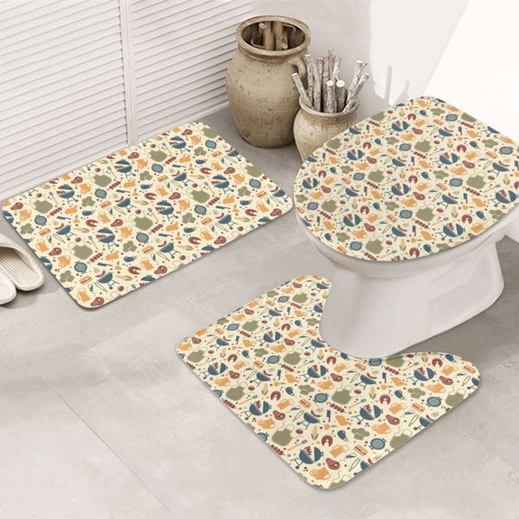Bathroom Rugs Sets 3 Piece - Barbecue And Grill Absorbent Non Slip Bath Mats, U-Shape Toilet Lid Cover, Contour Mat, Soft Washable Shower Mats Bath Rug Mat for Bathroom Tub Toilet