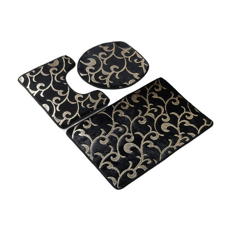 Bathroom Rugs Sets 3 Piece, Bath Rugs U Shape Rug with Toilet Seat Cover Bath Mat Set for Bathtubs Bath Room Shower Bathroom Floors Black