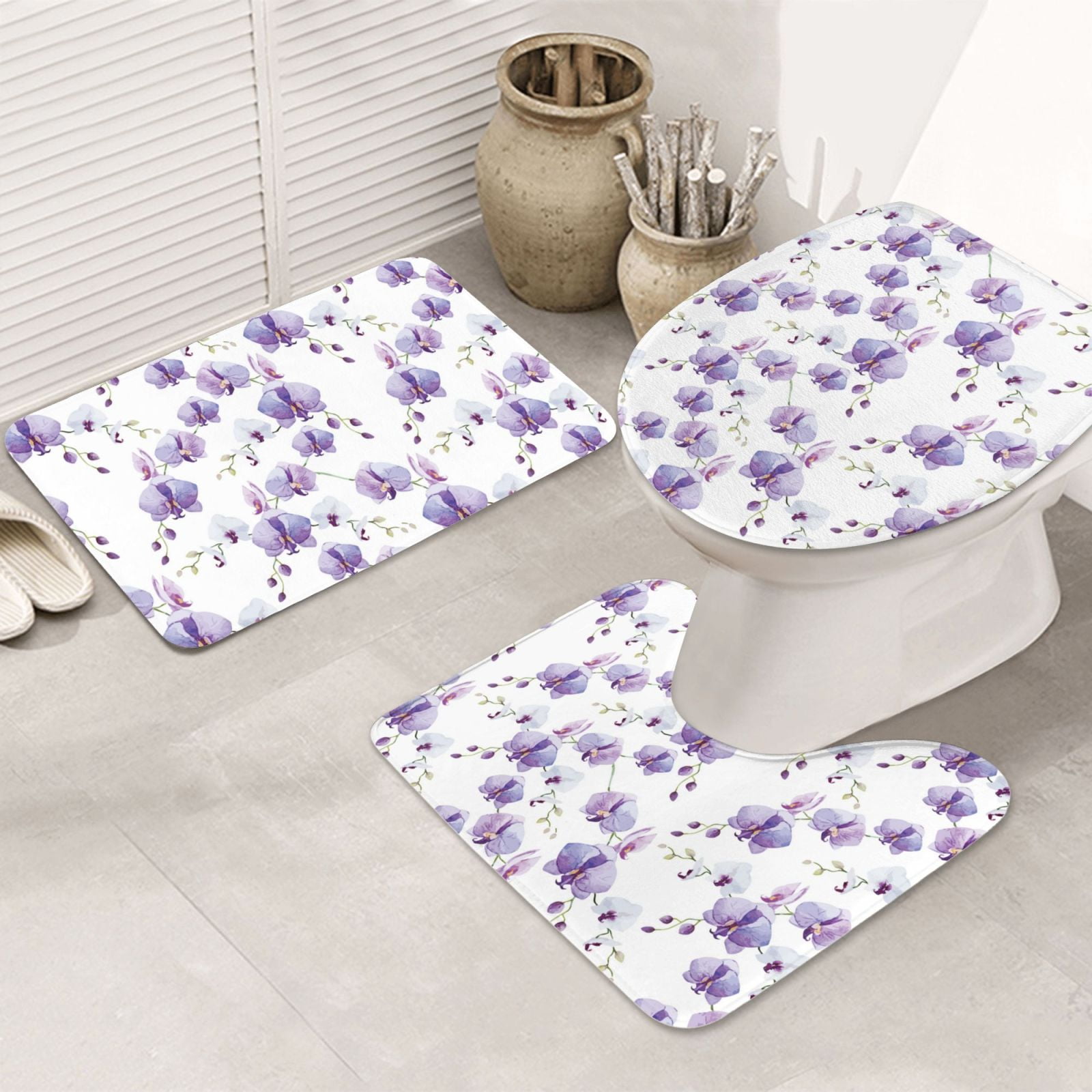 Bathroom Rugs Sets 3 Piece, Beautiful Orchids Flowers Bathroom Rug Set