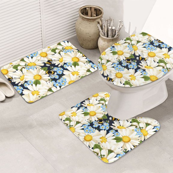 Bathroom Rugs Sets 3 Piece - Bees Collecting Nectar Absorbent Non Slip Bath Mats, U-Shape Toilet Lid Cover, Contour Mat, Soft Washable Shower Mats Bath Rug Mat for Bathroom Tub Toilet