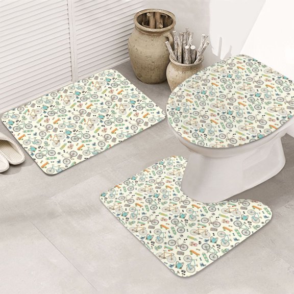 Bathroom Rugs Sets 3 Piece - Bicycles And Boards Absorbent Non Slip Bath Mats, U-Shape Toilet Lid Cover, Contour Mat, Soft Washable Shower Mats Bath Rug Mat for Bathroom Tub Toilet