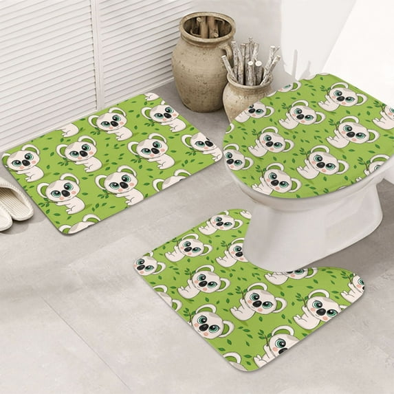 Bathroom Rugs Sets 3 Piece - Big Eyes Koala Green Absorbent Non Slip Bath Mats, U-Shape Toilet Lid Cover, Contour Mat, Soft Washable Shower Mats Bath Rug Mat for Bathroom Tub Toilet