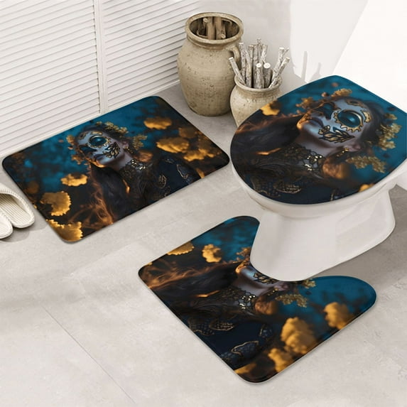 Bathroom Rugs Sets 3 Piece - Black and Gold Woman Absorbent Non Slip Bath Mats, U-Shape Toilet Lid Cover, Contour Mat, Soft Washable Shower Mats Bath Rug Mat for Bathroom Tub Toilet