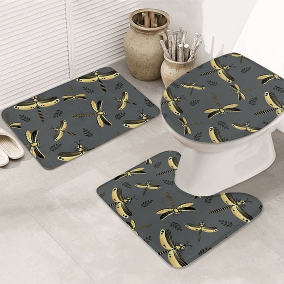 Bathroom Rugs Sets 3 Piece - Black Golden Dragonfly Absorbent Non Slip Bath Mats, U-Shape Toilet Lid Cover, Contour Mat, Soft Washable Shower Mats Bath Rug Mat for Bathroom Tub Toilet