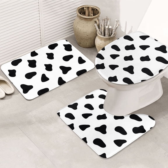Bathroom Rugs Sets 3 Piece - Black White Cow Print Absorbent Non Slip Bath Mats, U-Shape Toilet Lid Cover, Contour Mat, Soft Washable Shower Mats Bath Rug Mat for Bathroom Tub Toilet