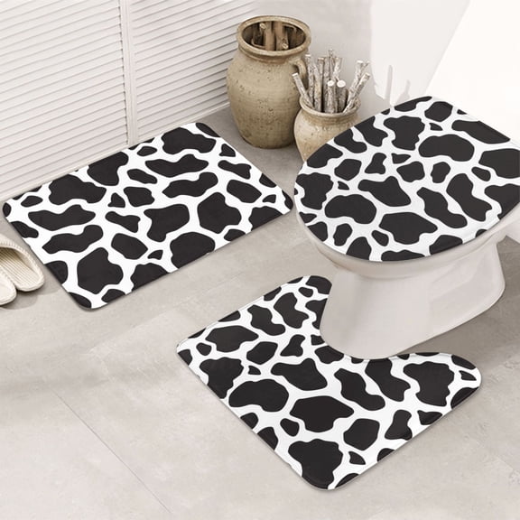 Bathroom Rugs Sets 3 Piece - Black White Cow Print pattern Absorbent Non Slip Bath Mats, U-Shape Toilet Lid Cover, Contour Mat, Soft Washable Shower Mats Bath Rug Mat for Bathroom Tub Toilet