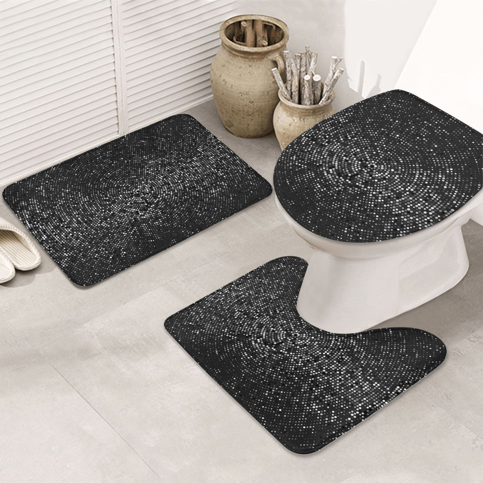 Bathroom Rugs Sets 3 Piece - Black And White Dotted Absorbent Non Slip Bath Mats, U-Shape Toilet Lid Cover, Contour Mat, Soft Washable Shower Mats Bath Rug Mat for Bathroom Tub Toilet