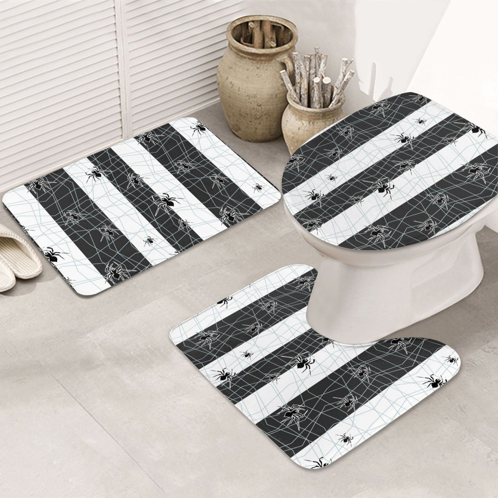 Bathroom Rugs Sets 3 Piece Black white Spider web cool Non Slip