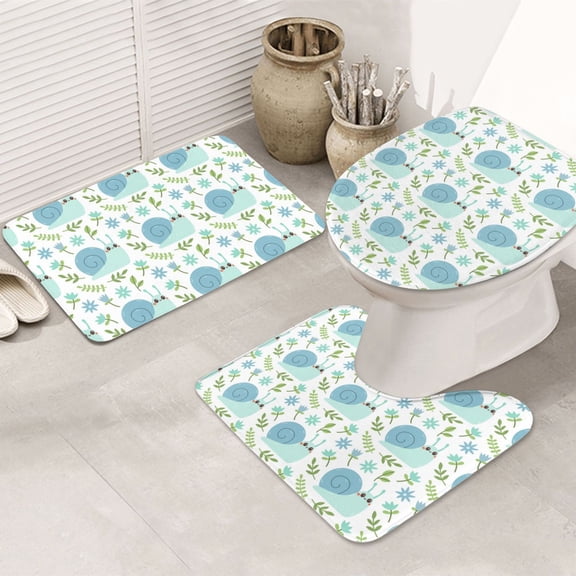 Bathroom Rugs Sets 3 Piece - Blue Green Snail Leaves Absorbent Non Slip Bath Mats, U-Shape Toilet Lid Cover, Contour Mat, Soft Washable Shower Mats Bath Rug Mat for Bathroom Tub Toilet