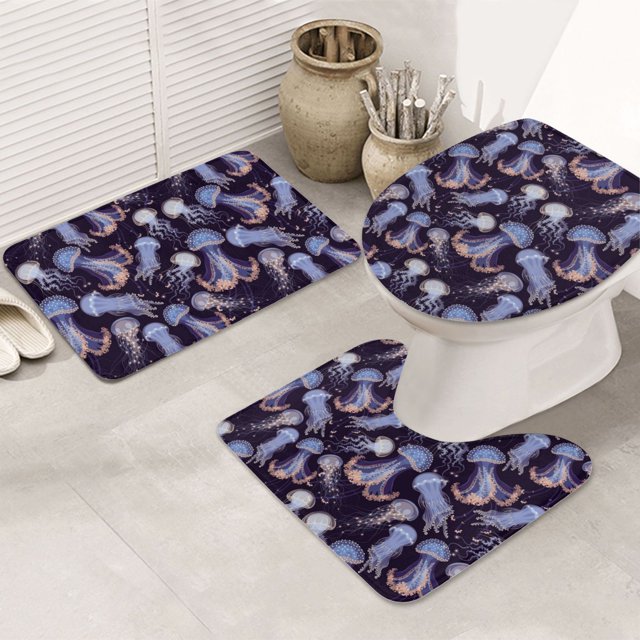 Bathroom Rugs Sets 3 Piece Blue Jellyfish Print Absorbent Non Slip