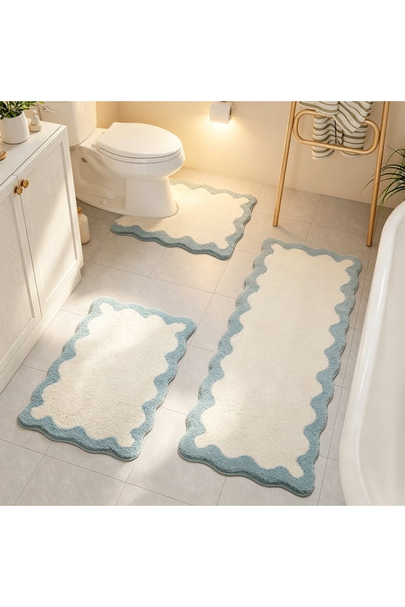 Bathroom Rugs Sets 3 Piece Blue Non-Slip Cute Bath Mat with U-Shaped Contour Quick Dry Absorbent Shaggy Microfiber Bath Rug Modern Washable Aesthetic Shower Rug for Sink Tub Toilet