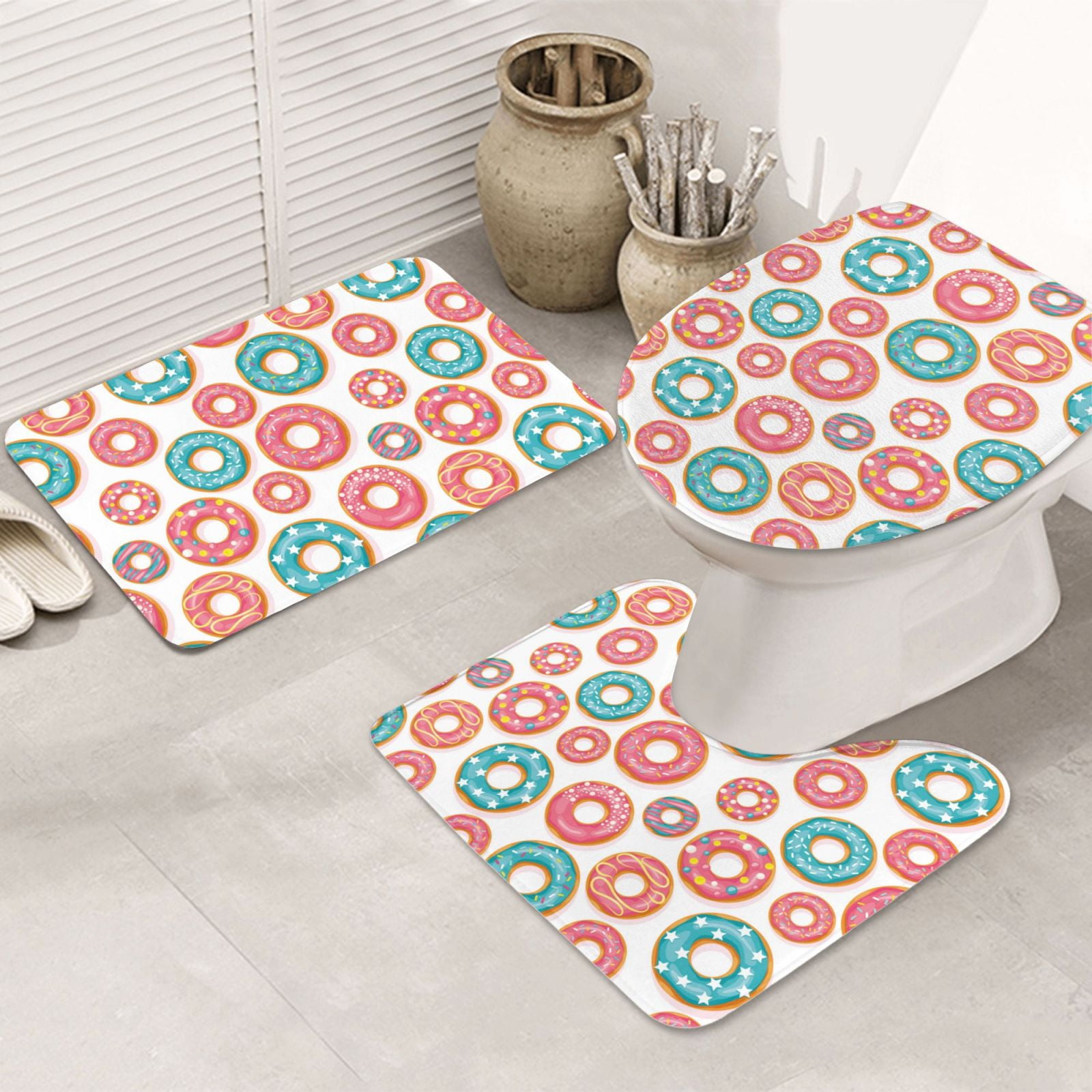 Bathroom Rugs Sets 3 Piece, Blue Pink Donuts Print Cute Bath Mats for ...