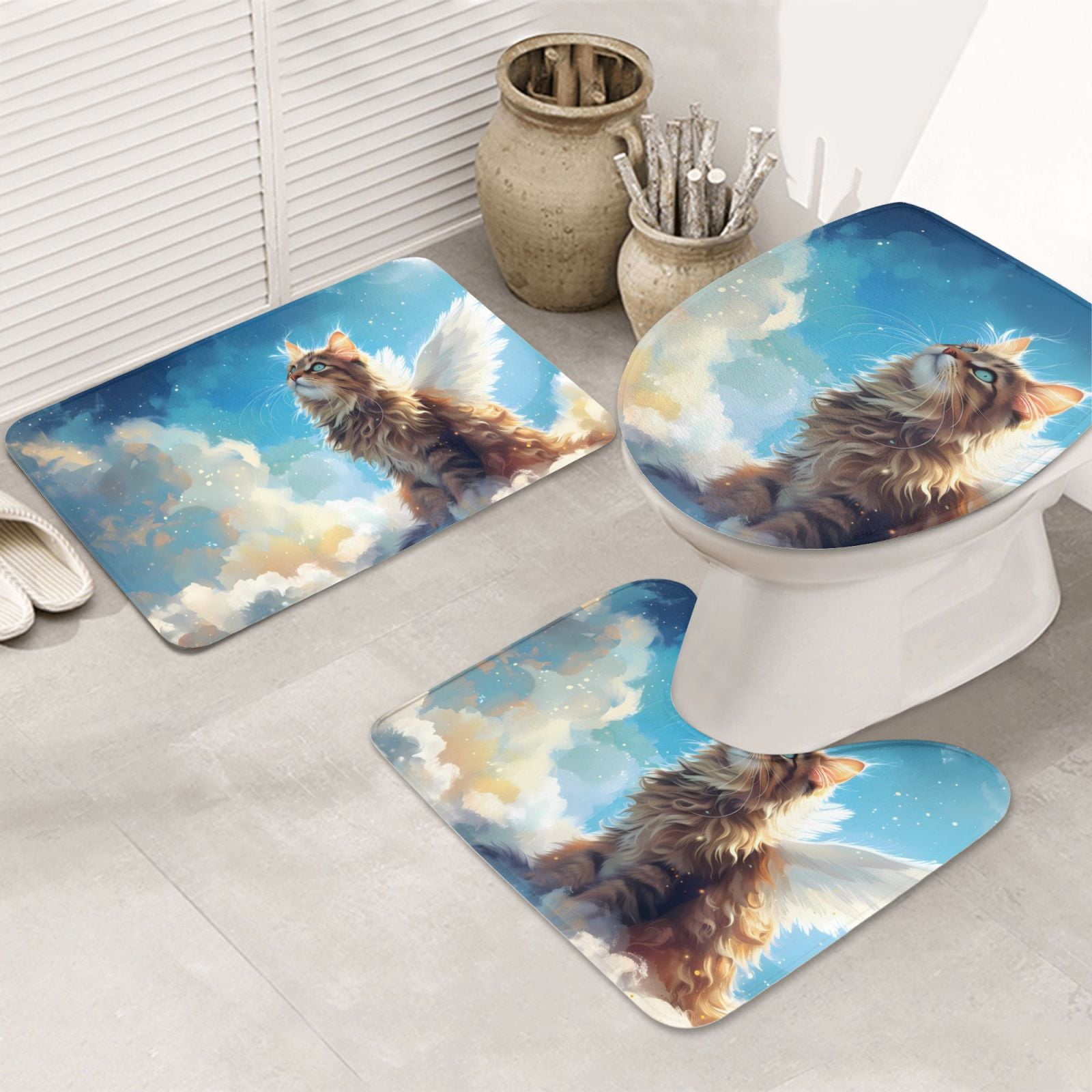 Bathroom Rugs Sets 3 Piece, Blue Sky Winged Cat Bath Mats for Bathroom ...