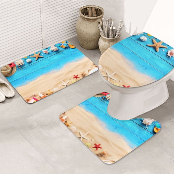 Bathroom Rugs Sets 3 Piece - Boards and Beach Absorbent Non Slip Bath Mats, U-Shape Toilet Lid Cover, Contour Mat, Soft Washable Shower Mats Bath Rug Mat for Bathroom Tub Toilet