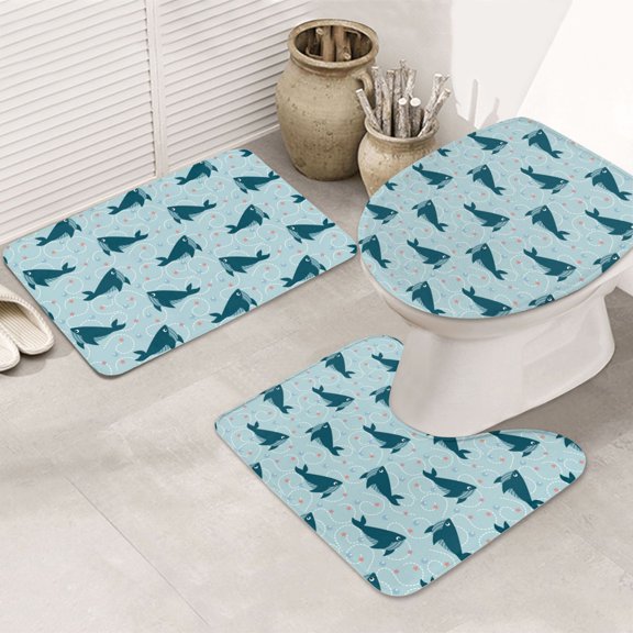Bathroom Rugs Sets 3 Piece - Bohemian Cartoon Cute Shark Absorbent Non Slip Bath Mats, U-Shape Toilet Lid Cover, Contour Mat, Soft Washable Shower Mats Bath Rug Mat for Bathroom Tub Toilet