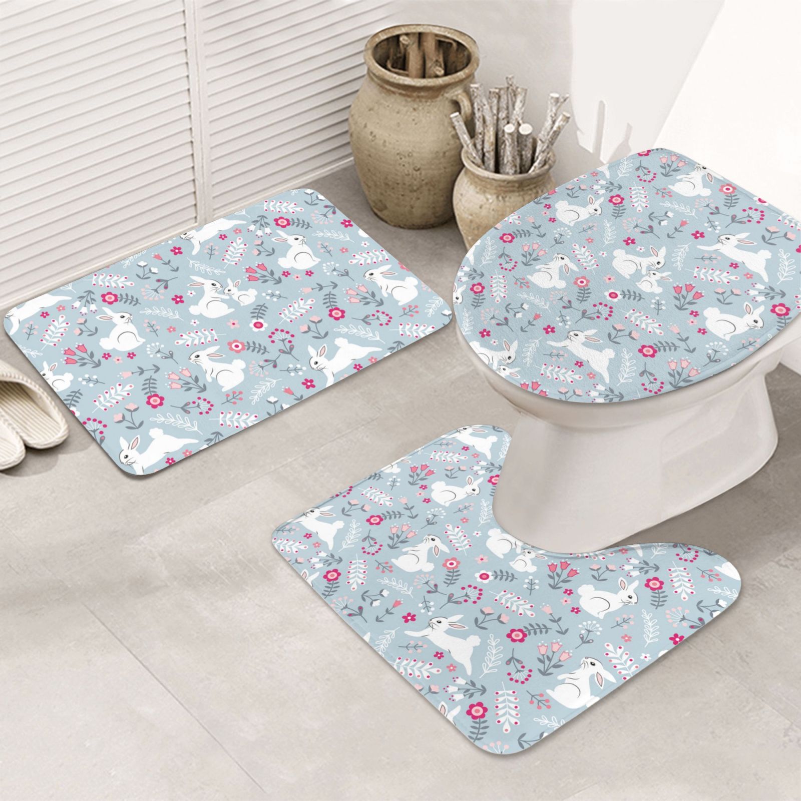 Bathroom Rugs Sets 3 Piece Bohemian Cute Rabbit Flowers Grass
