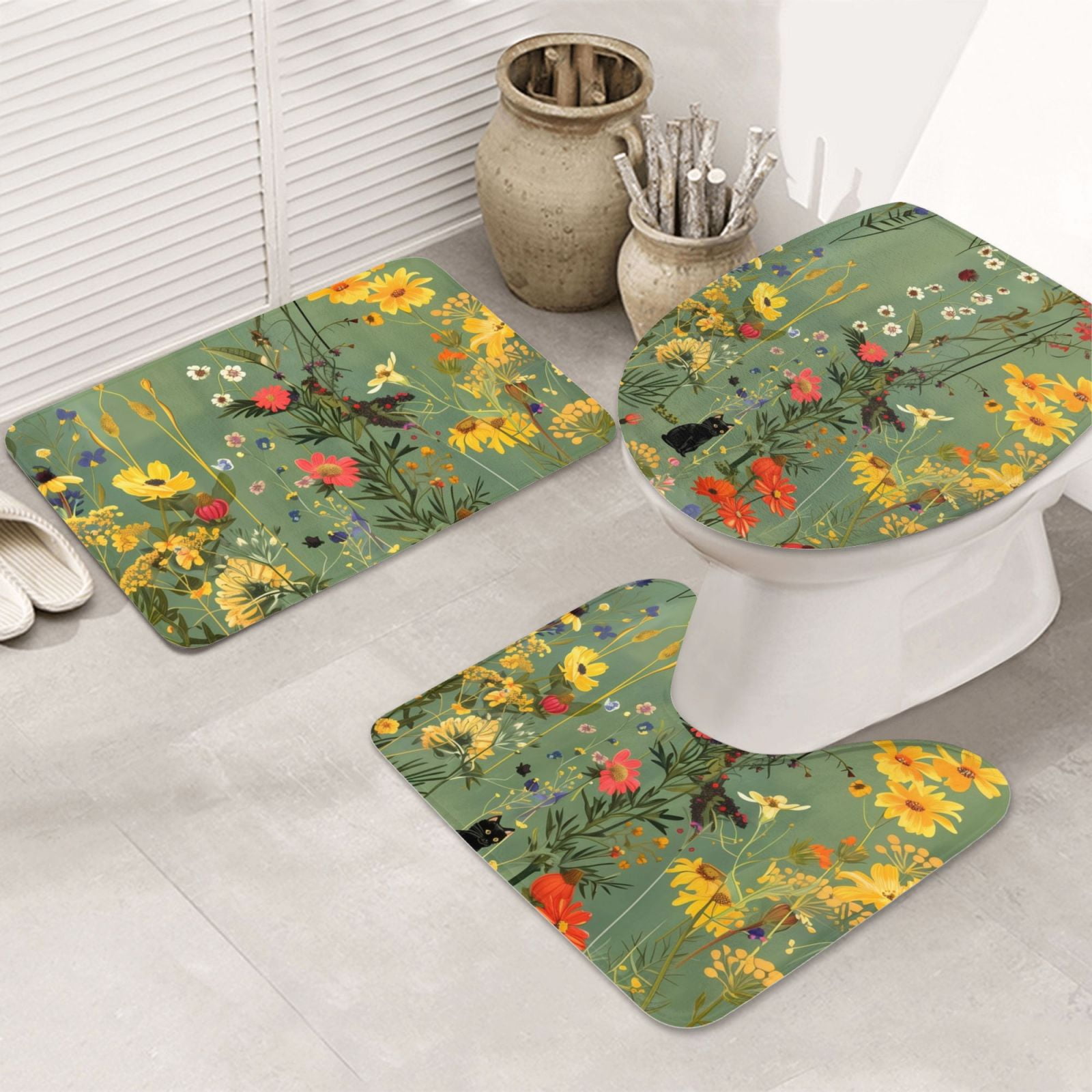 Bathroom Rugs Sets 3 Piece, Botanical Garden With Cats Bathroom Rug Set ...