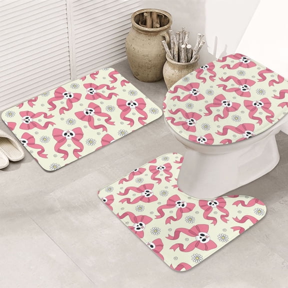 Bathroom Rugs Sets 3 Piece - Bow With Sugar Skull Absorbent Non Slip Bath Mats, U-Shape Toilet Lid Cover, Contour Mat, Soft Washable Shower Mats Bath Rug Mat for Bathroom Tub Toilet