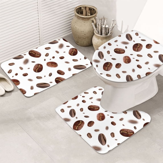 Bathroom Rugs Sets 3 Piece - Brown Coffee Bean Print White Absorbent Non Slip Bath Mats, U-Shape Toilet Lid Cover, Contour Mat, Soft Washable Shower Mats Bath Rug Mat for Bathroom Tub Toilet
