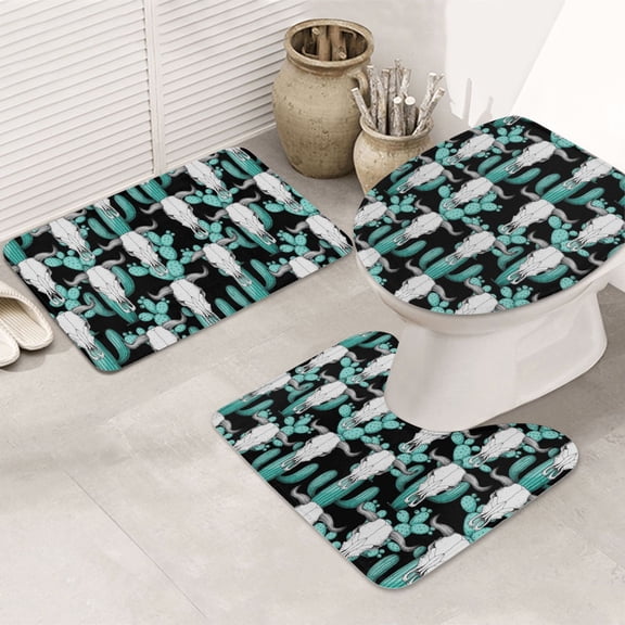 Bathroom Rugs Sets 3 Piece - Buffalo Skull cactus western Absorbent Non Slip Bath Mats, U-Shape Toilet Lid Cover, Contour Mat, Soft Washable Shower Mats Bath Rug Mat for Bathroom Tub Toilet