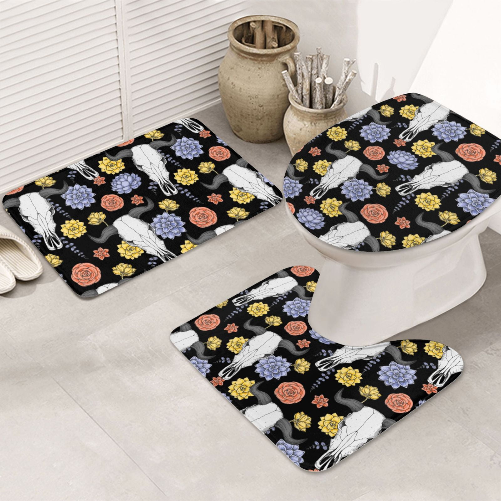 Bathroom Rugs Sets 3 Piece Buffalo Skull flowers Exotic Soft Non Slip Bathroom Mat, Absorbent ...