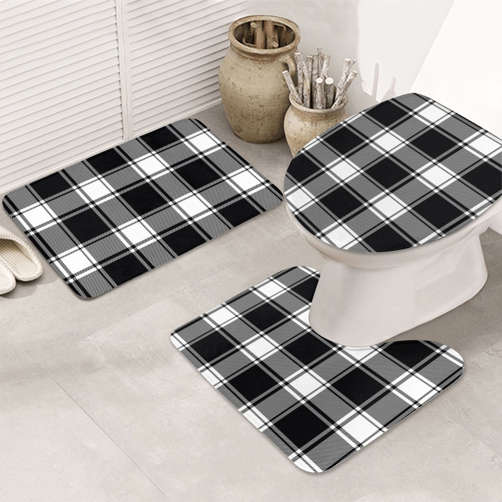 Bathroom Rugs Sets 3 Piece - Buffalo check plaid white black Absorbent Non Slip Bath Mats, U-Shape Toilet Lid Cover, Contour Mat, Soft Washable Shower Mats Bath Rug Mat for Bathroom Tub Toilet