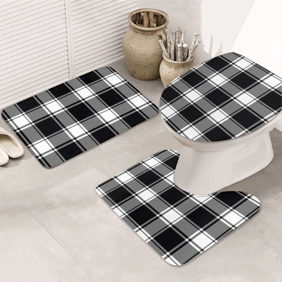 Bathroom Rugs Sets 3 Piece - Buffalo check plaid white black Absorbent Non Slip Bath Mats, U-Shape Toilet Lid Cover, Contour Mat, Soft Washable Shower Mats Bath Rug Mat for Bathroom Tub Toilet