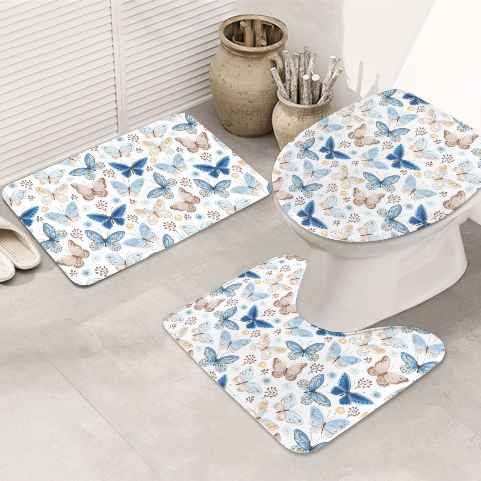 Bathroom Rugs Sets 3 Piece, Butterfly print Bathroom Rug Set Cute