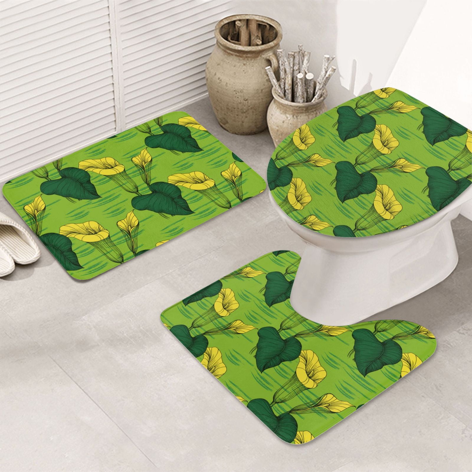 Bathroom Rugs Sets 3 Piece Calla Lily Flowers Green Non Slip Washable