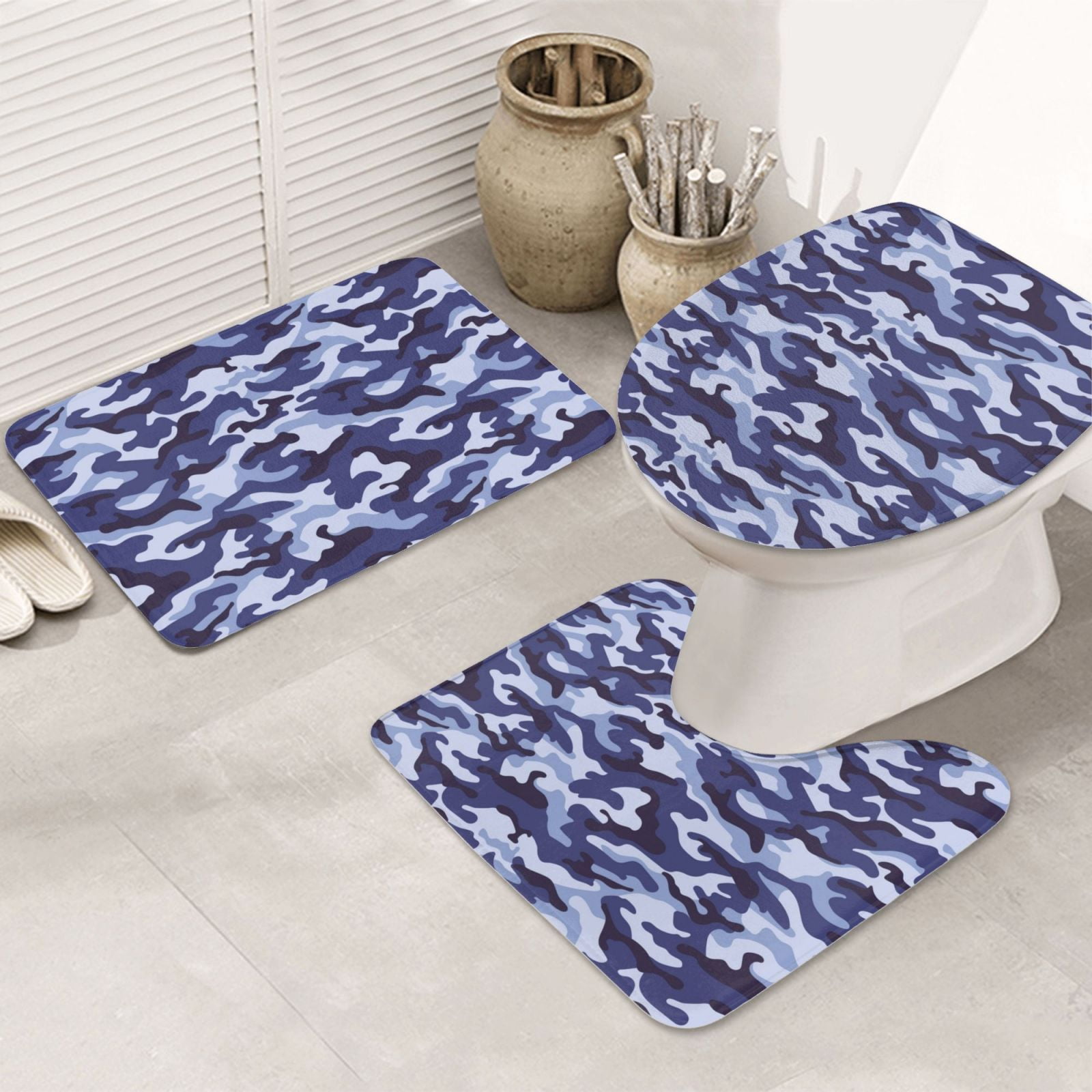 Bathroom Rugs Sets 3 Piece - Camouflage Blue Absorbent Non Slip Bath Mats, U-Shape Toilet Lid Cover, Contour Mat, Soft Washable Shower Mats Bath Rug Mat for Bathroom Tub Toilet