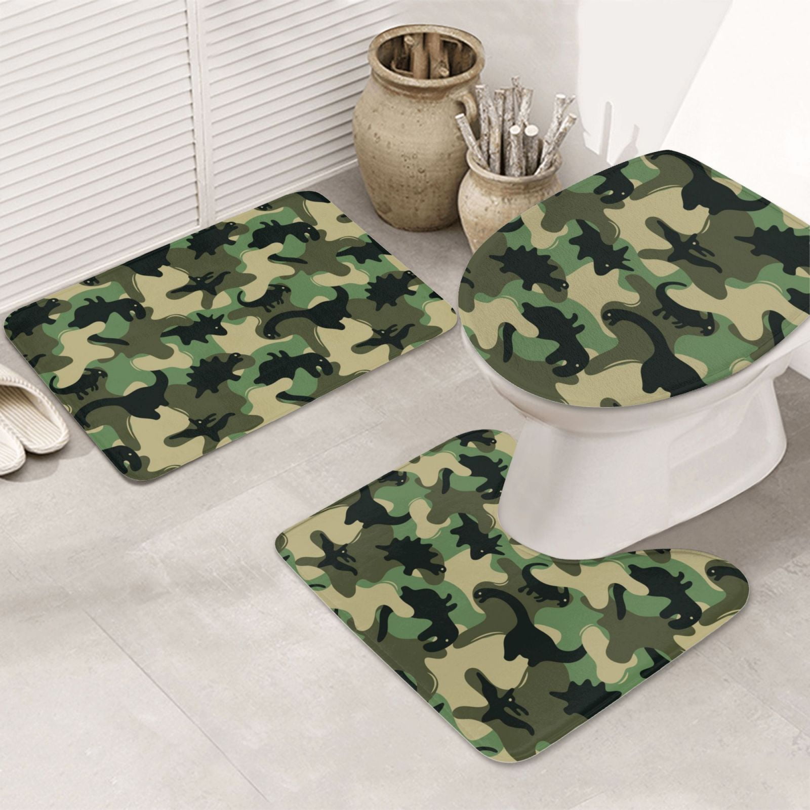 Bathroom Rugs Sets 3 Piece Camouflage Dinosaur Absorbent Non Slip