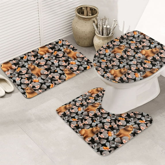 Bathroom Rugs Sets 3 Piece - Capybara Flower Orange Absorbent Non Slip Bath Mats, U-Shape Toilet Lid Cover, Contour Mat, Soft Washable Shower Mats Bath Rug Mat for Bathroom Tub Toilet