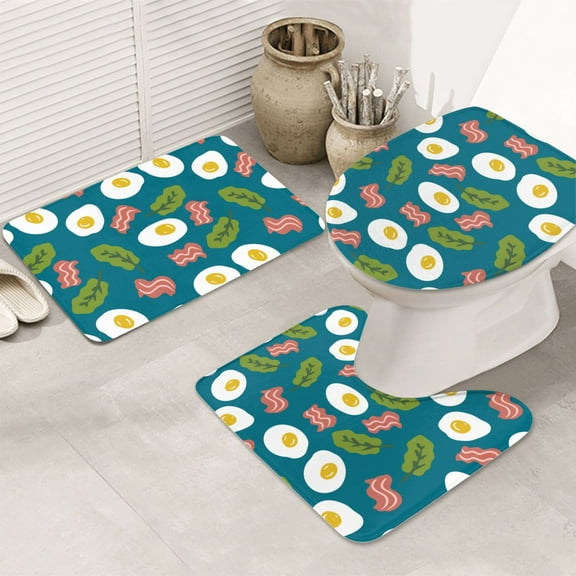 Bathroom Rugs Sets 3 Piece - Cartoon Bacon Omelette Print Absorbent Non Slip Bath Mats, U-Shape Toilet Lid Cover, Contour Mat, Soft Washable Shower Mats Bath Rug Mat for Bathroom Tub Toilet