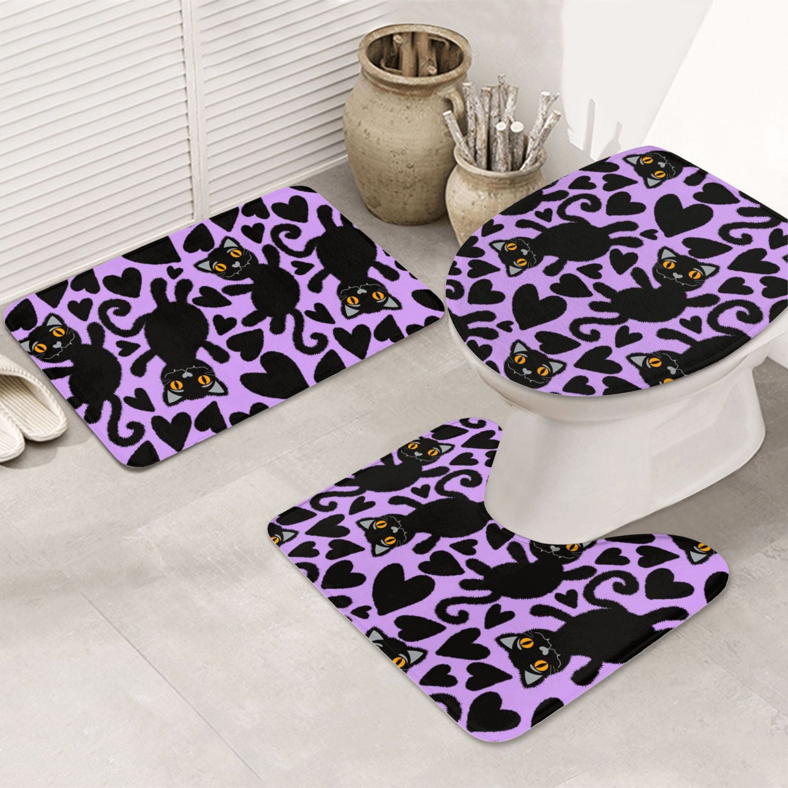 Bathroom Rugs Sets 3 Piece, Cartoon Black Cats Cute Bath Mats for