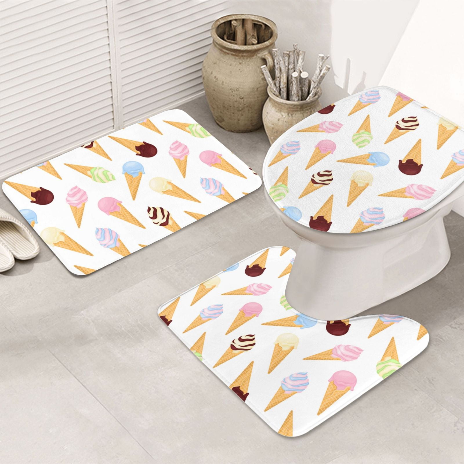 Bathroom Rugs Sets 3 Piece Cartoon Colourful Ice Cream Absorbent Non