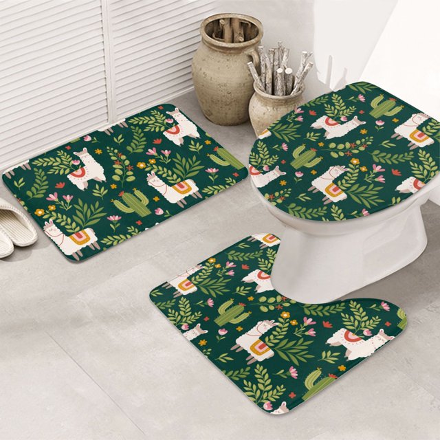 Bathroom Rugs Sets 3 Piece, Cartoon Cute Alpaca Cactus Plant Bathroom