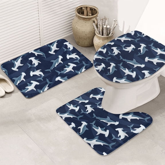 Bathroom Rugs Sets 3 Piece - Cartoon Cute Hammerhead Shark Absorbent Non Slip Bath Mats, U-Shape Toilet Lid Cover, Contour Mat, Soft Washable Shower Mats Bath Rug Mat for Bathroom Tub Toilet