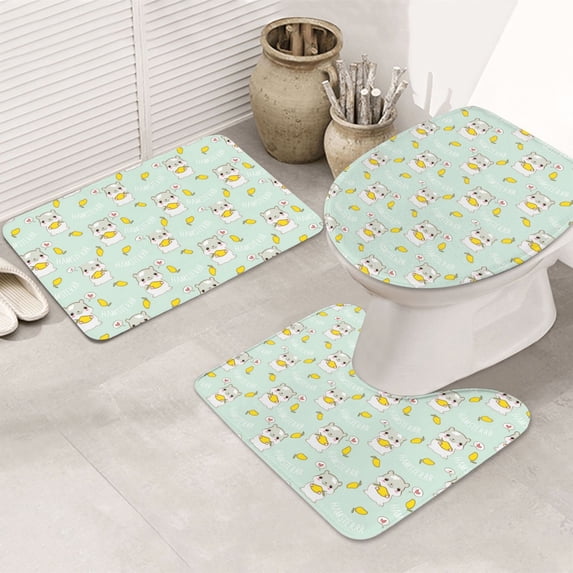 Bathroom Rugs Sets 3 Piece - Cartoon Cute Hamster Mango Green Absorbent Non Slip Bath Mats, U-Shape Toilet Lid Cover, Contour Mat, Soft Washable Shower Mats Bath Rug Mat for Bathroom Tub Toilet